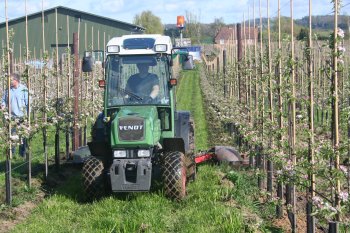 A tractor mounted weeding machine, working in the orchards at Nichol Farm.