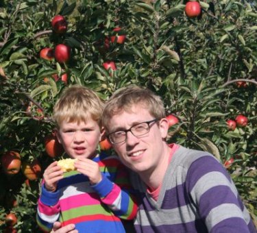 James and his Daddy with their apples at Pippins Farm