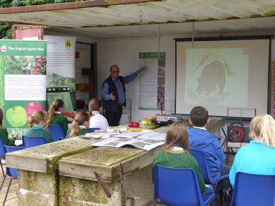 The Apple Man informs pupils from Hadlow School about the origin of the sweet apple